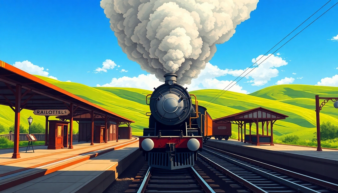 Download Railroad Tycoon free download featuring a vintage train station with a steam locomotive.