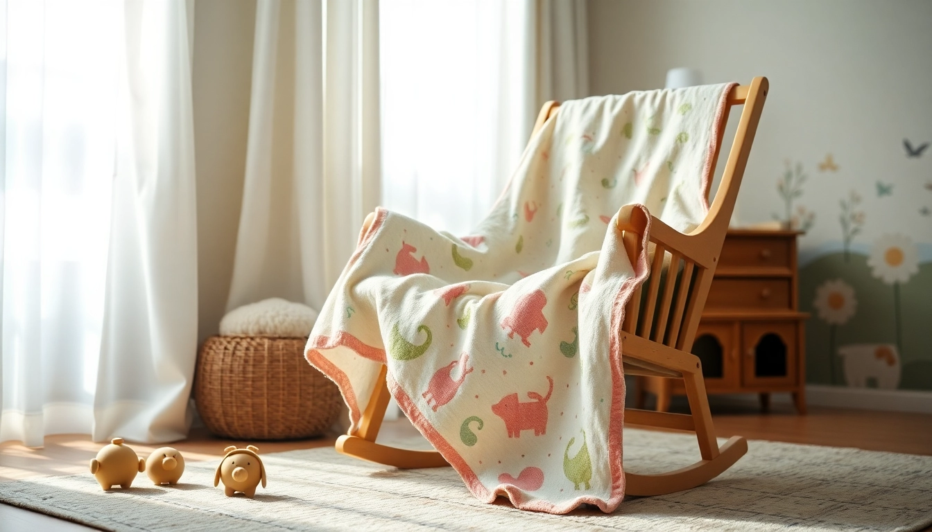Baby blanket draped over a rocking chair in a cozy nursery setting with warm light.