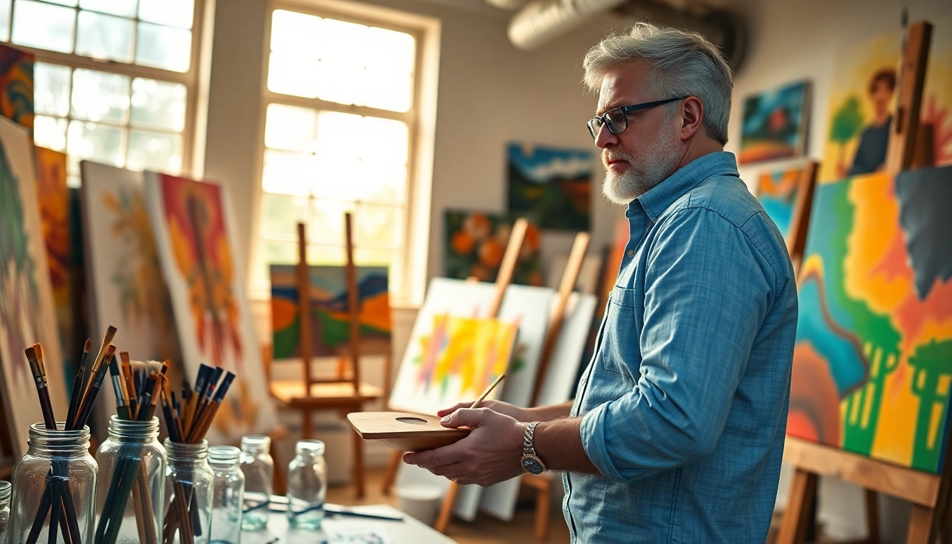 Engaging in art lessons while surrounded by colorful artwork and art supplies in a bright studio.