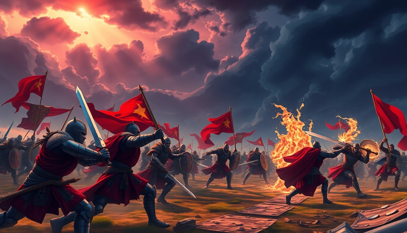 Download Warlords 2 game featuring an epic fantasy battlefield scene with knights and sorcerers in action.