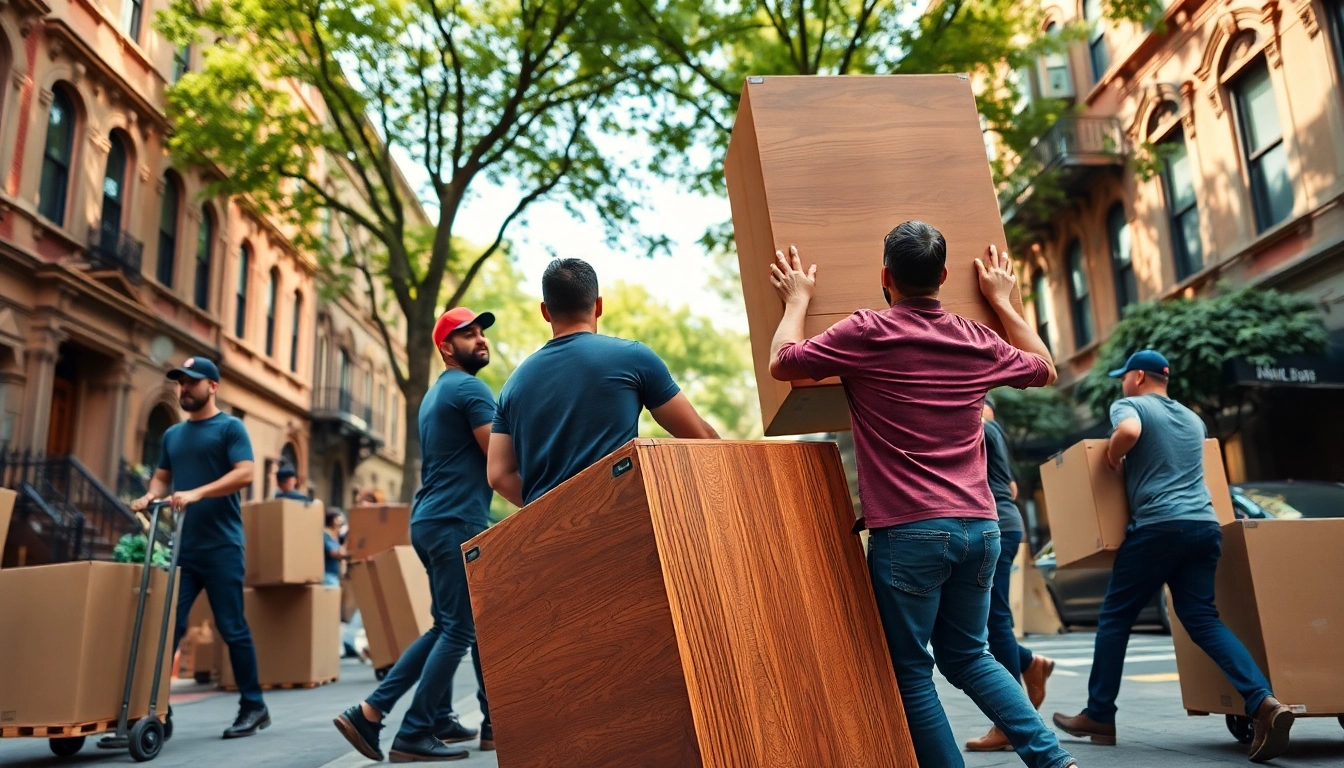 Brooklyn movers efficiently lifting furniture in a vibrant urban neighborhood.