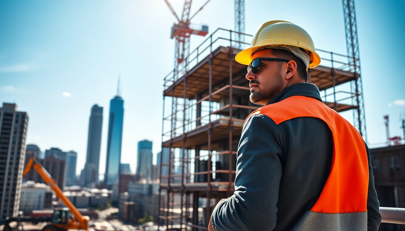 New Jersey Construction Manager supervising a bustling urban construction site with scaffolding and machinery.