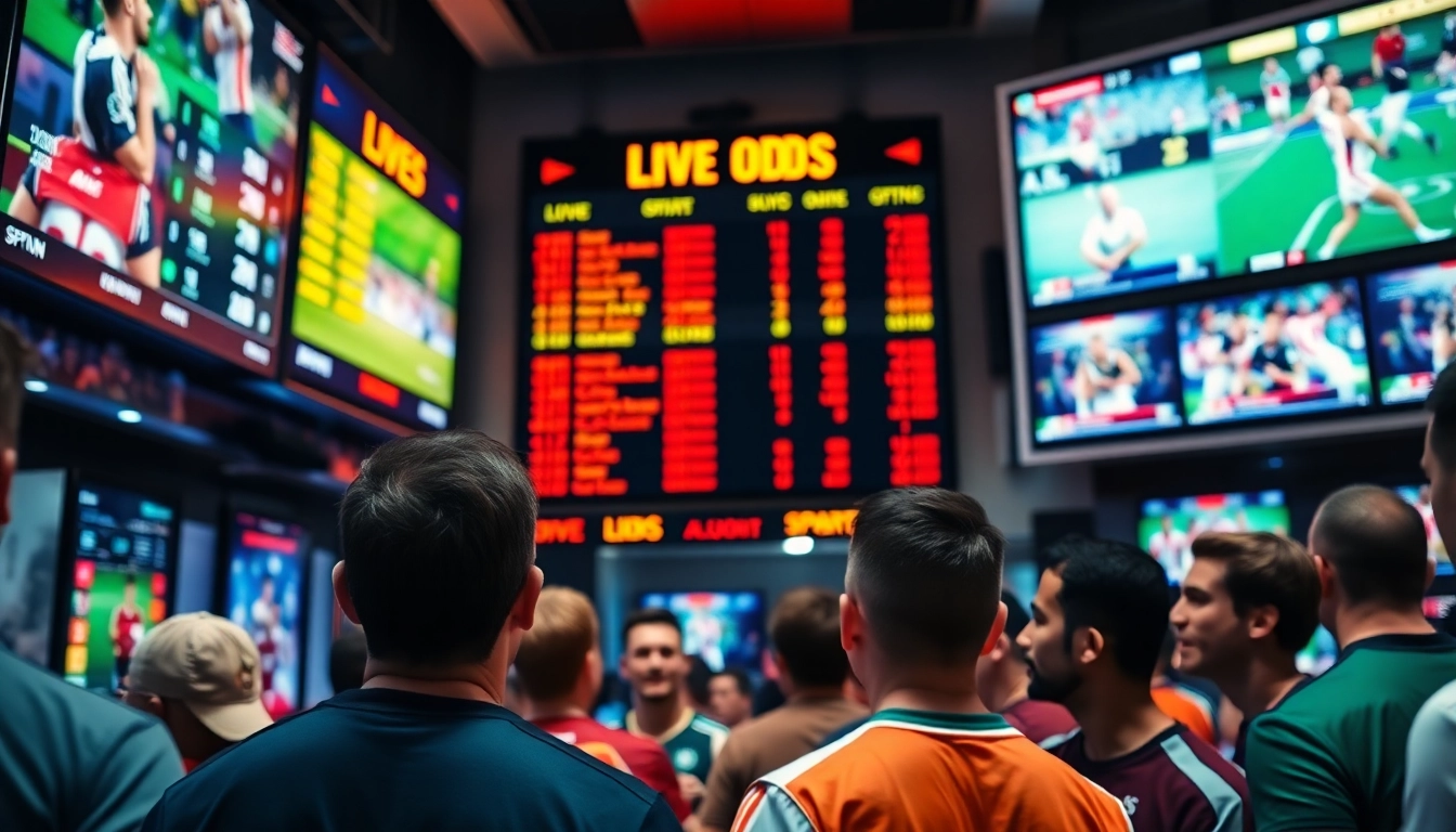 Check real-time Live Odds on a vibrant sports betting screen in an energetic setting.