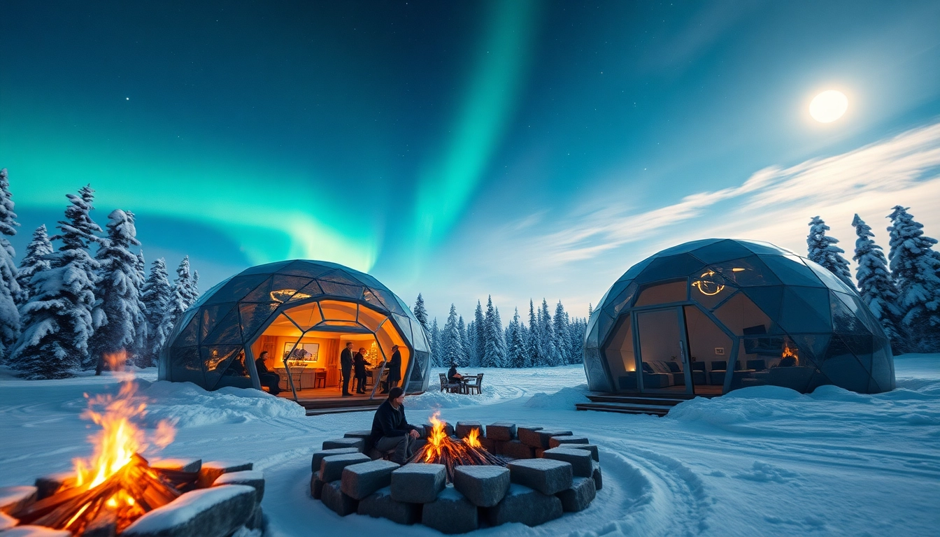 Visitors enjoying luxury igloo hotels lapland under a dazzling night sky illuminated by Northern Lights.
