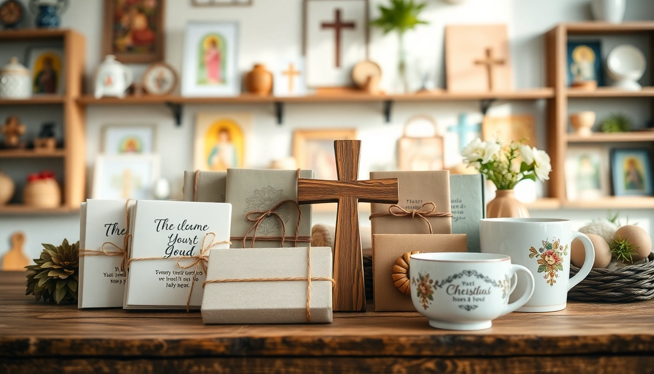 Showcasing a variety of Christian gifts beautifully arranged on a wooden table for spiritual inspiration.