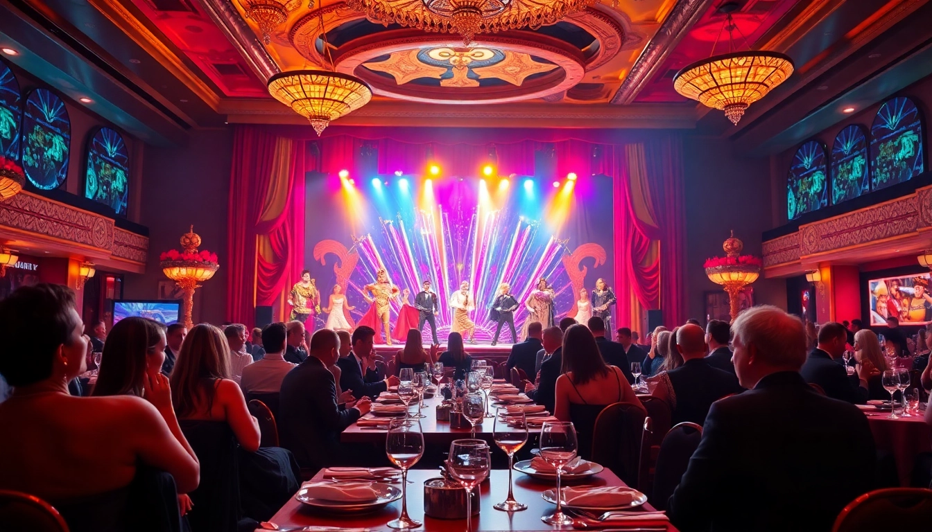 Experience the lively atmosphere of las vegas dinner shows with performers and elegant dining settings.