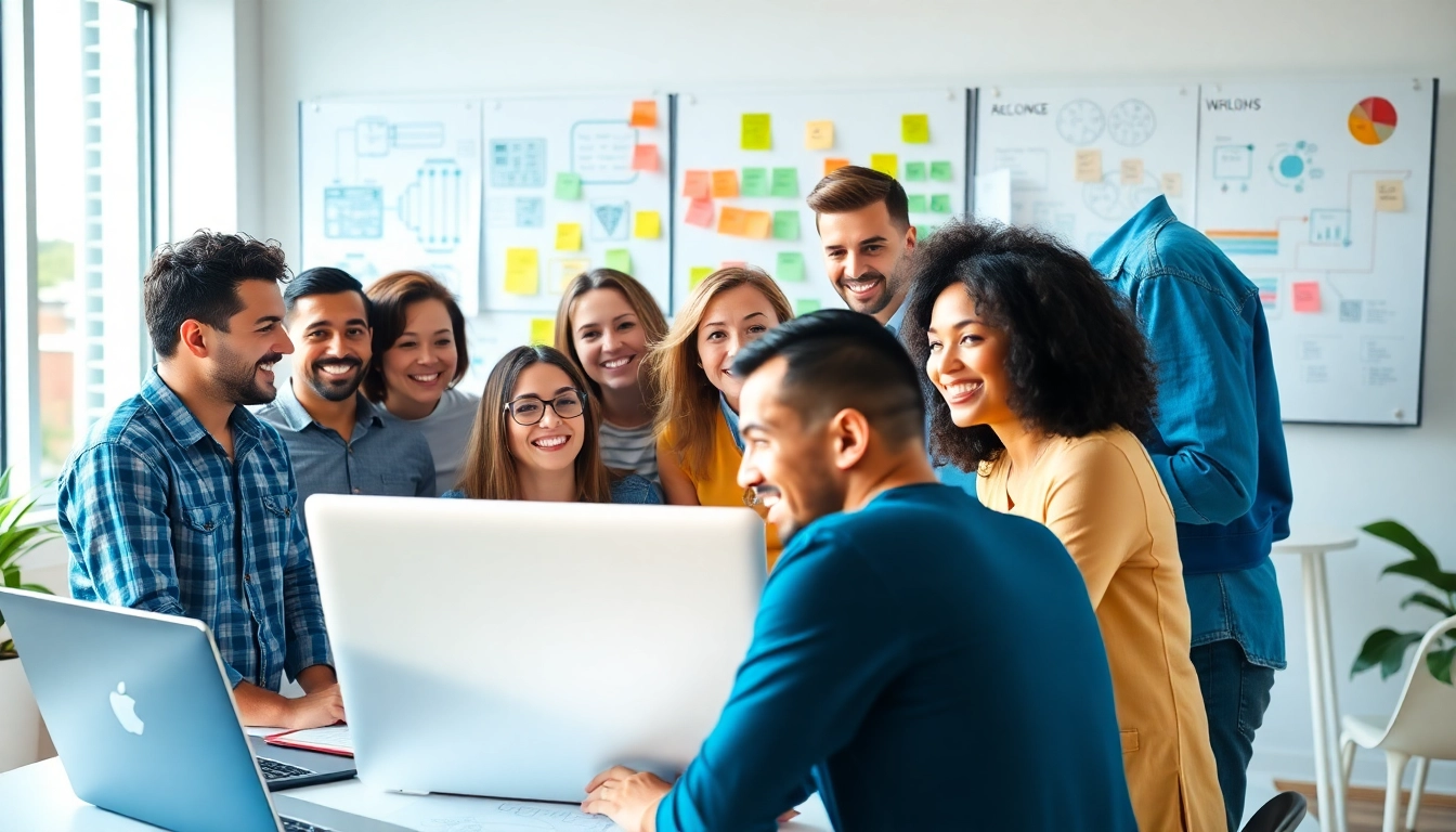 Engaged professionals in website development Kansas City collaborating in a modern office.