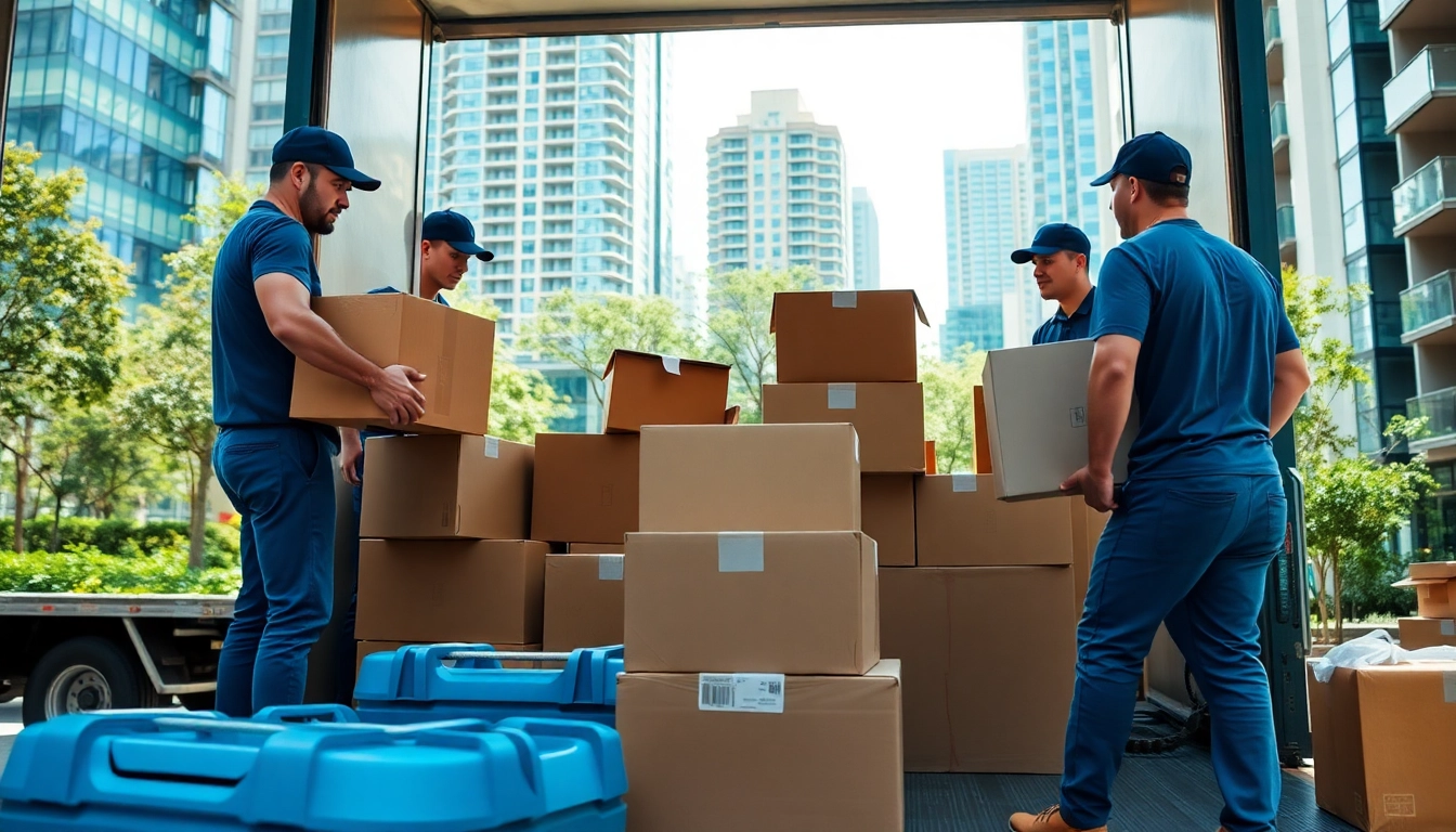 Affordable Cheap movers efficiently loading boxes into a truck in an urban environment.