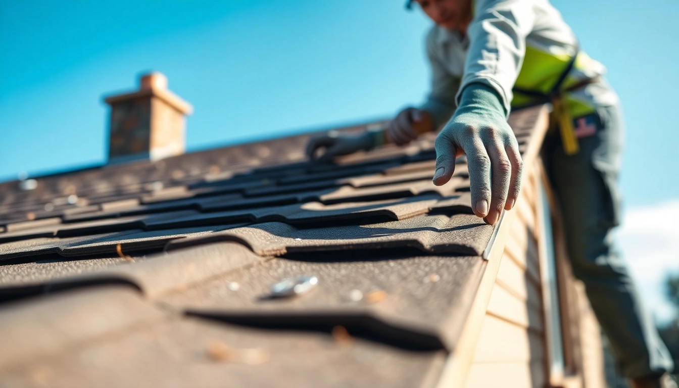 Inspecting roof integrity during a Roof repair Vancouver Wa project, highlighting detailed shingles and tools.