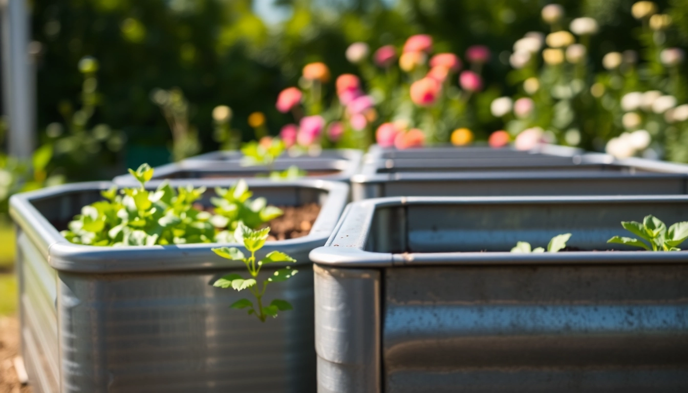 Growing healthy plants in galvanized raised beds with vibrant greenery and metal texture.