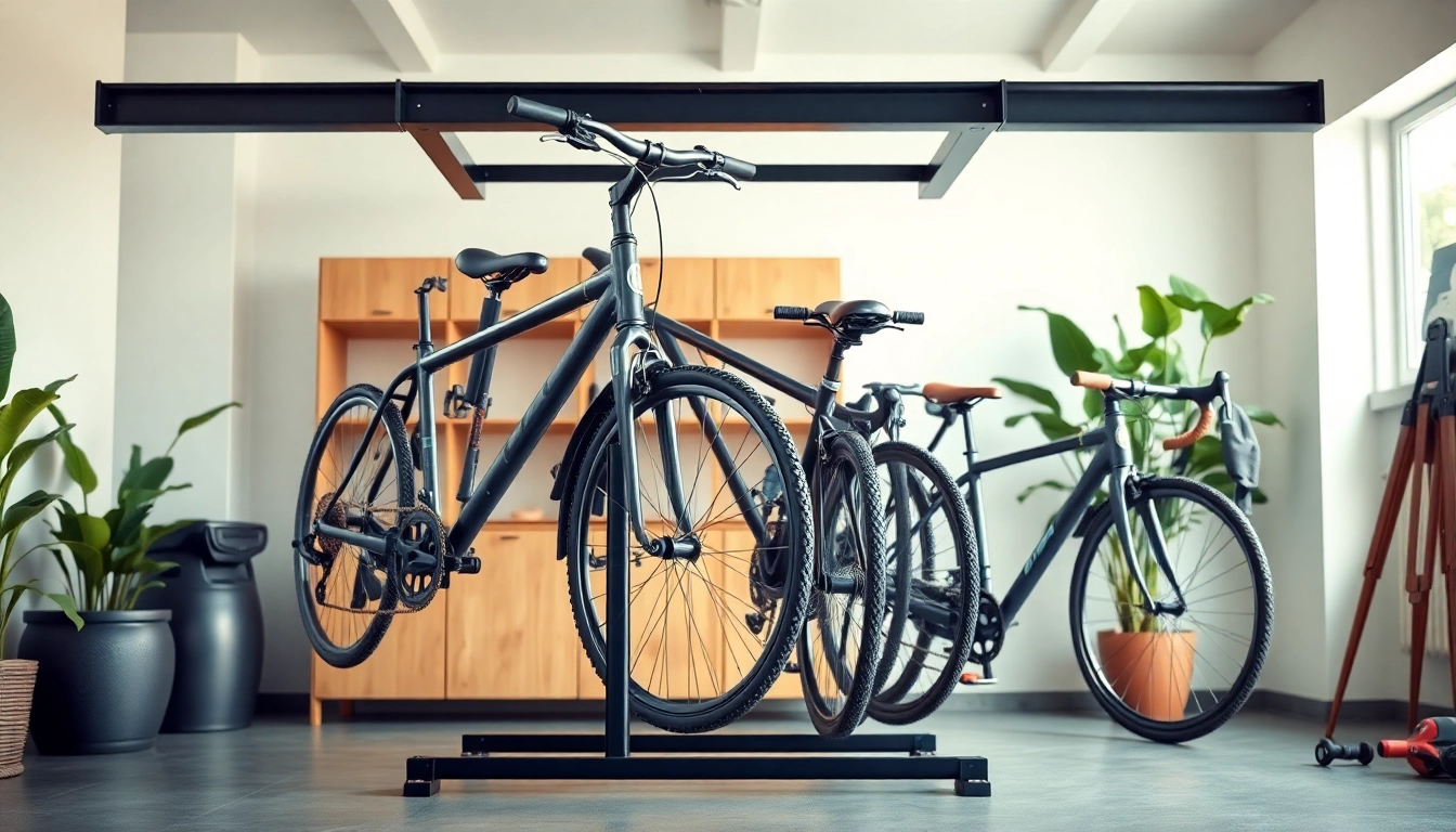Store bicycles efficiently with this stylish bike rack for home in a modern garage setup.
