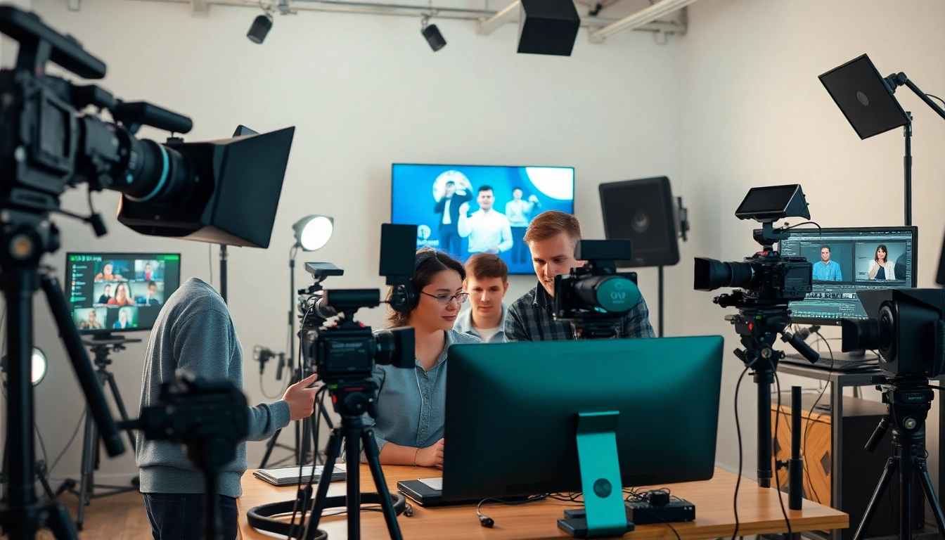 Engaging crowdfunding video production team creating captivating visuals in a modern studio.