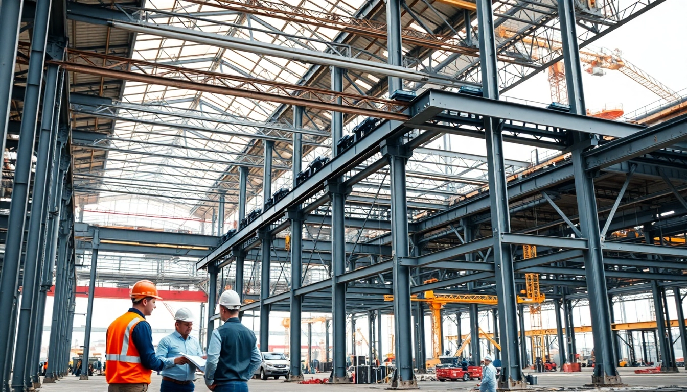 Crafting a steel structure design with intricate beams and skilled workers on site