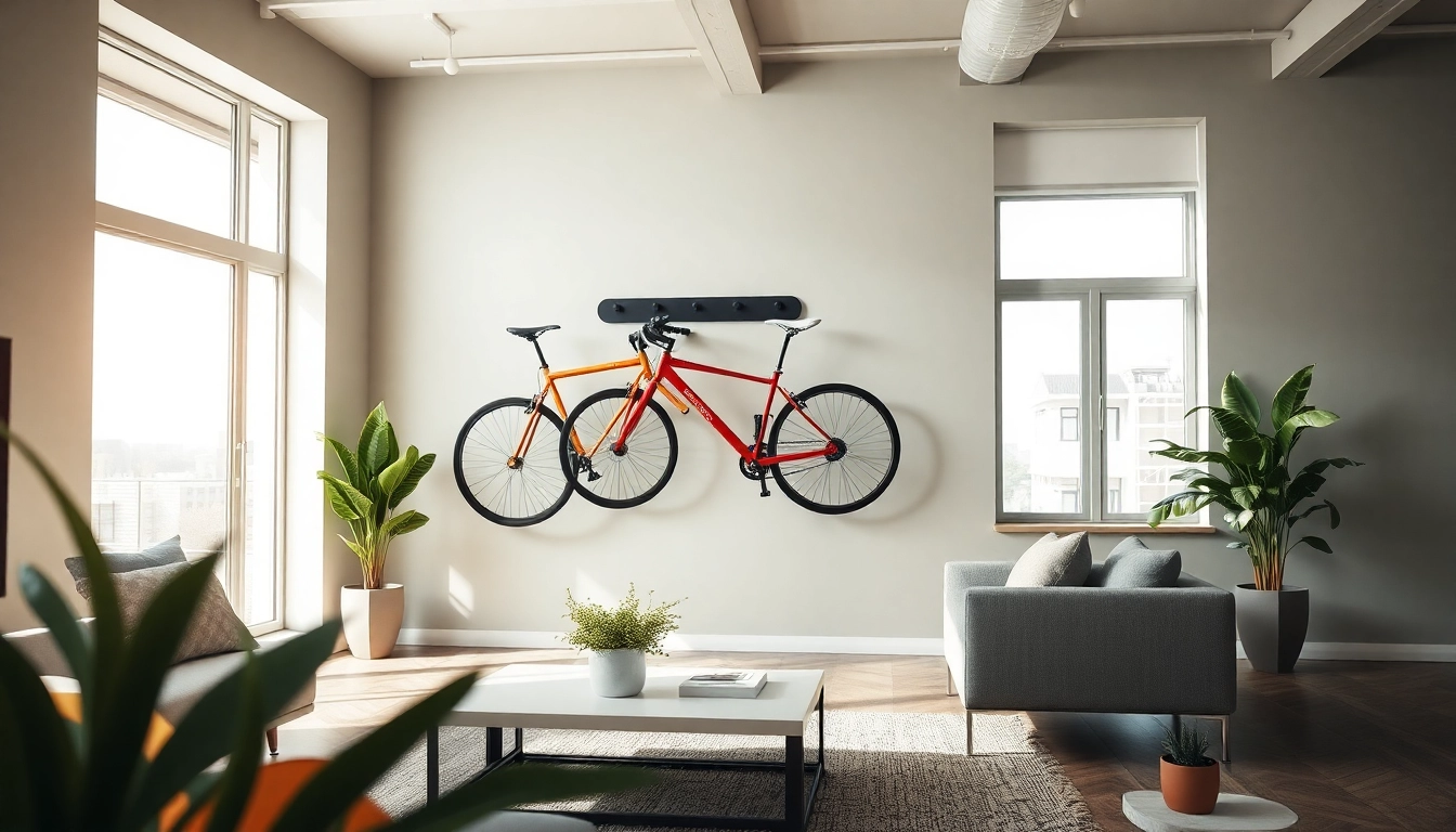 Showcasing an Indoor bike storage solution with stylish wall rack and colorful bikes.