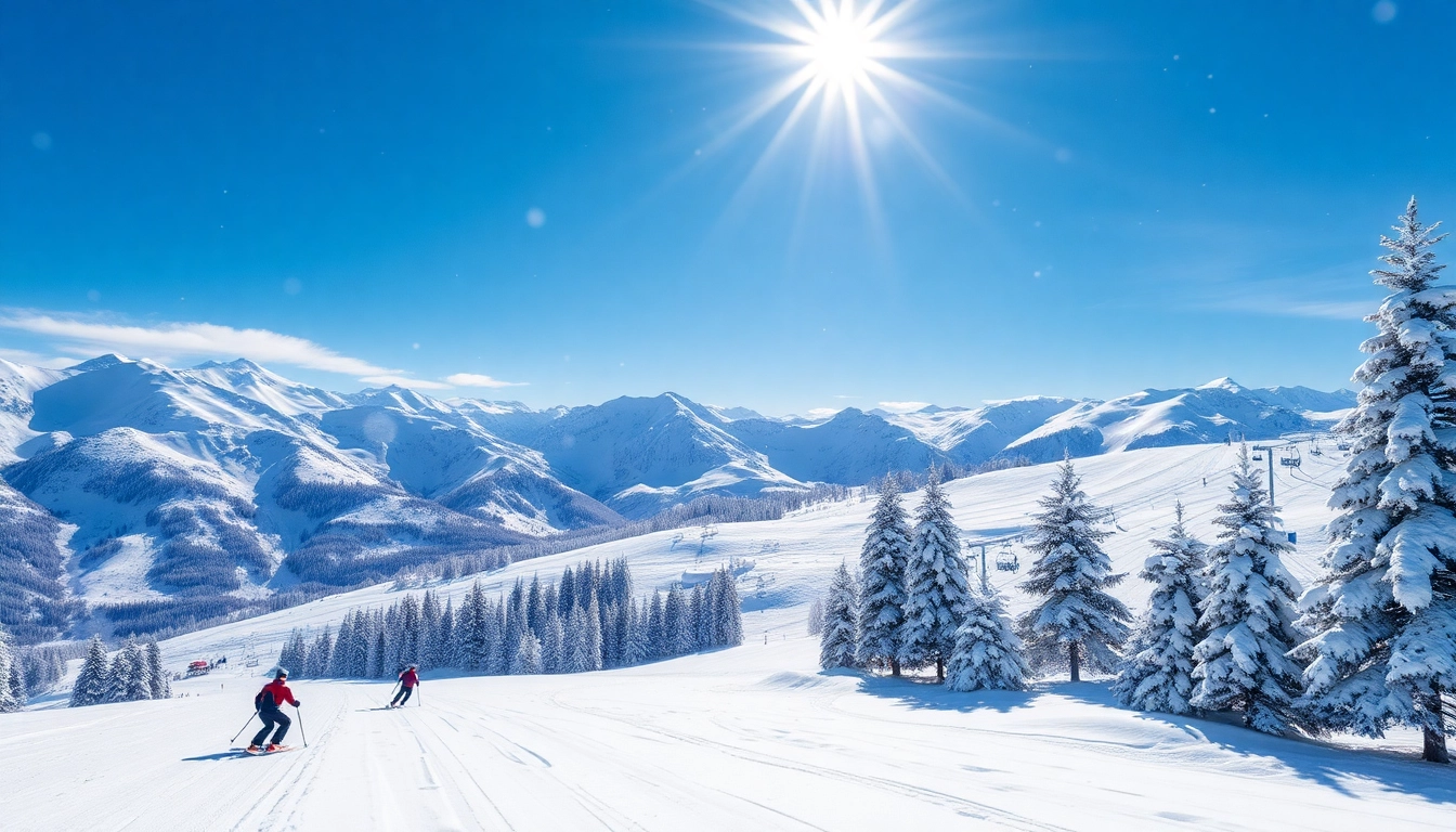 Check the latest snow report for XXX with a serene ski resort scene in winter.