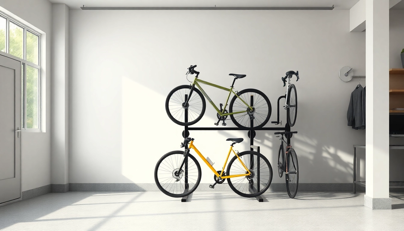 Organized space-saving bike rack with vertically stored bikes in a modern garage.