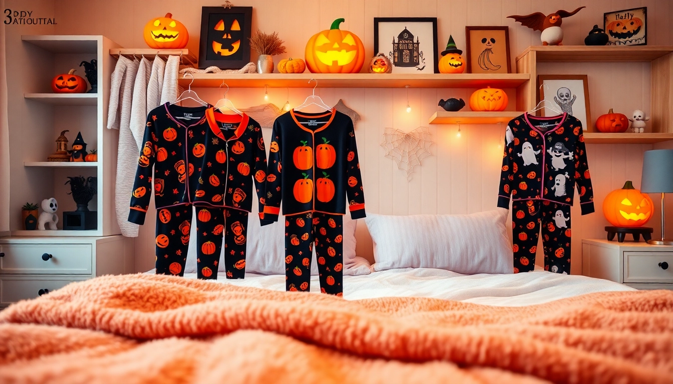 Shop cozy Halloween pajamas in a whimsical bedroom with playful pumpkin designs.