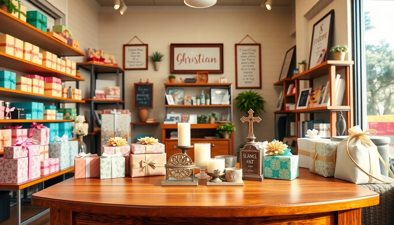 Showcasing various Christian gifts elegantly arranged in a welcoming gift shop.