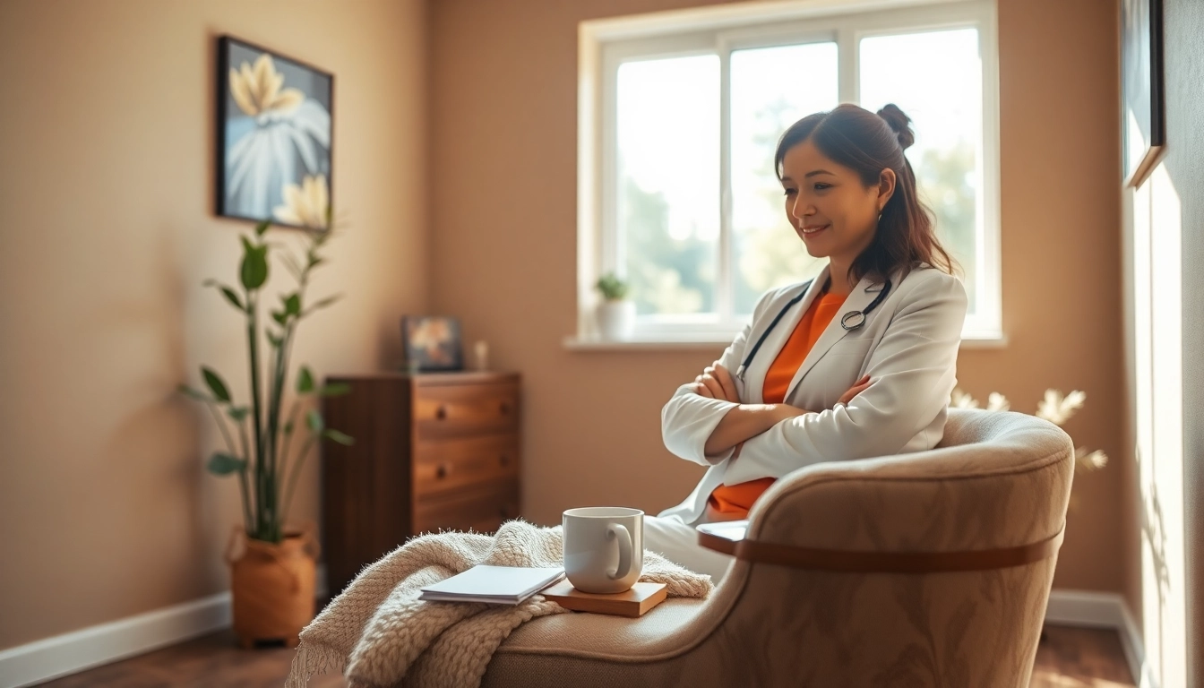 Psychologist providing therapy in a tranquil setting with natural light and calming decor.