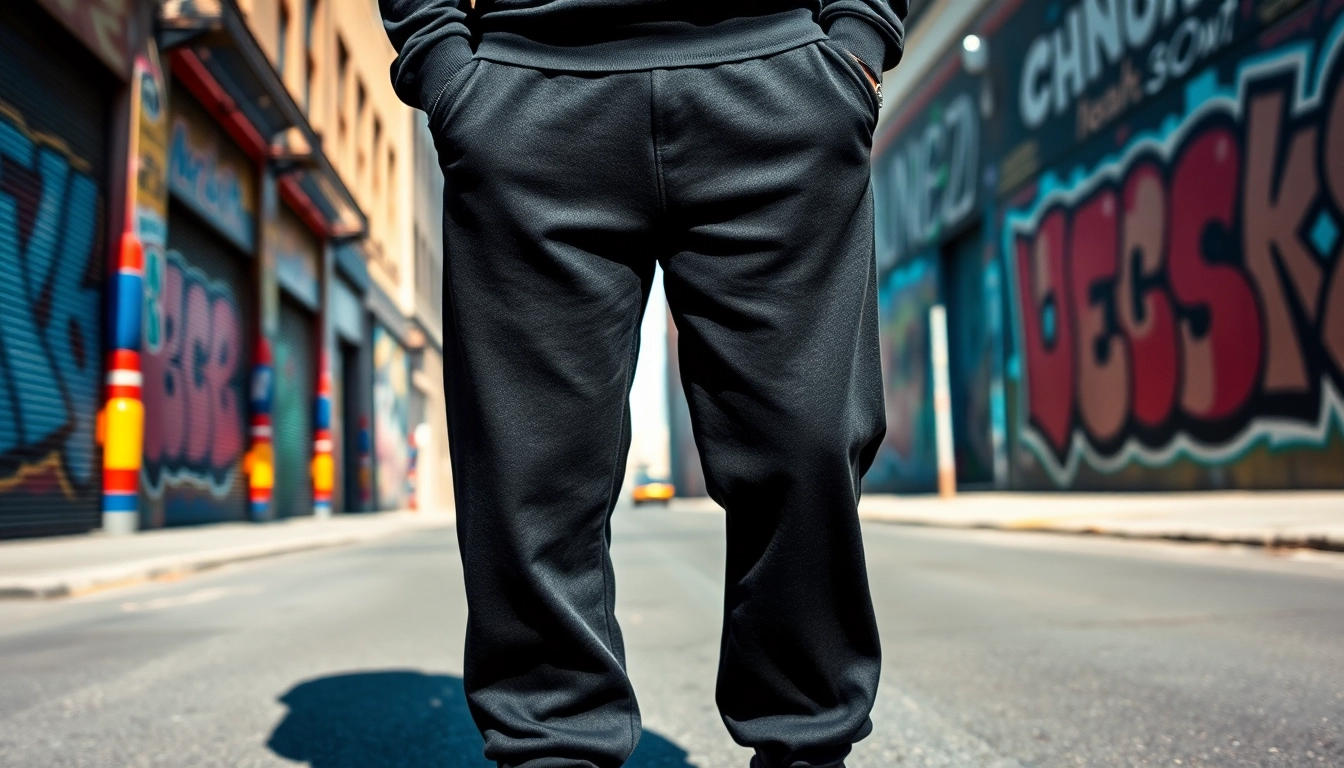 Model showcasing black baggy sweatpants in an urban setting with colorful graffiti backdrop.