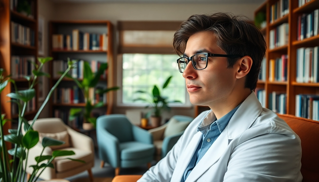Psychologist engaging thoughtfully in a cozy therapy room with warm details and calming atmosphere.