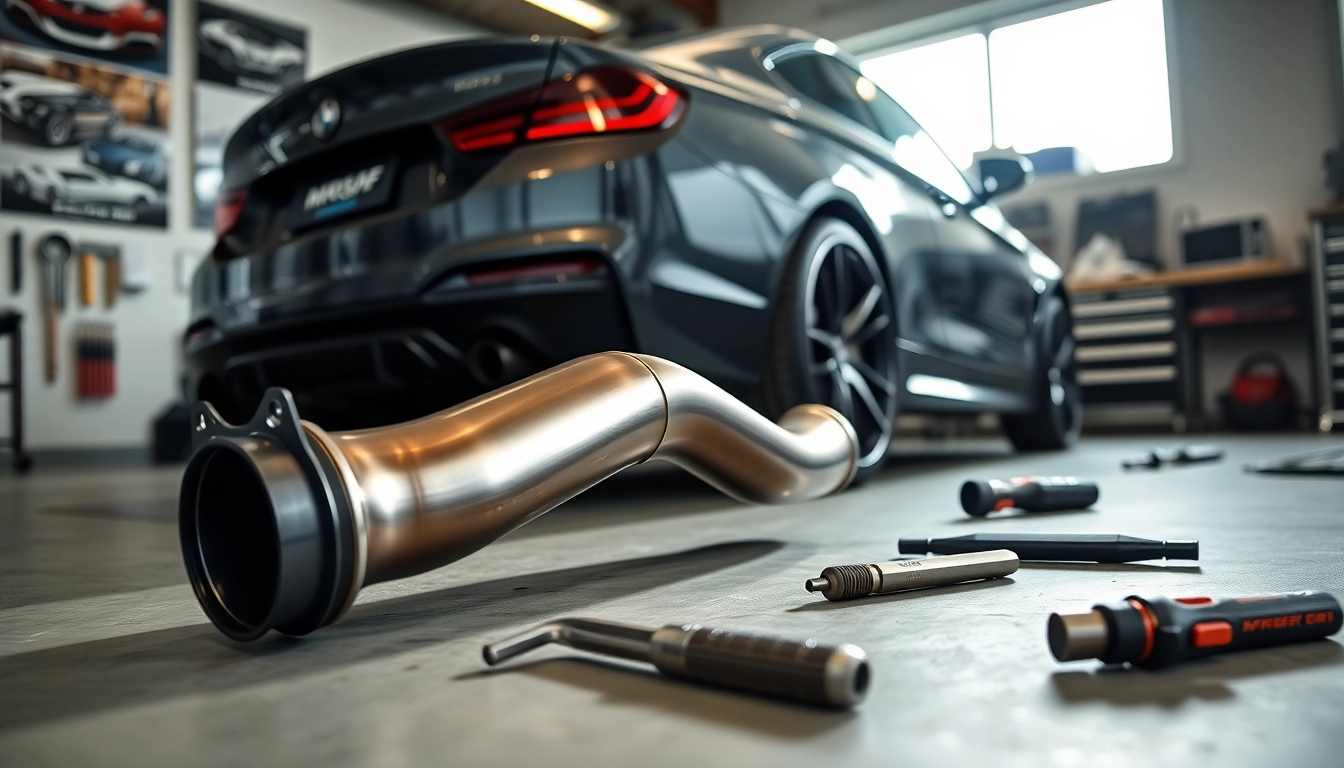 Showcasing VRSF single midpipe installation on a BMW M4 with tools and bright garage background.
