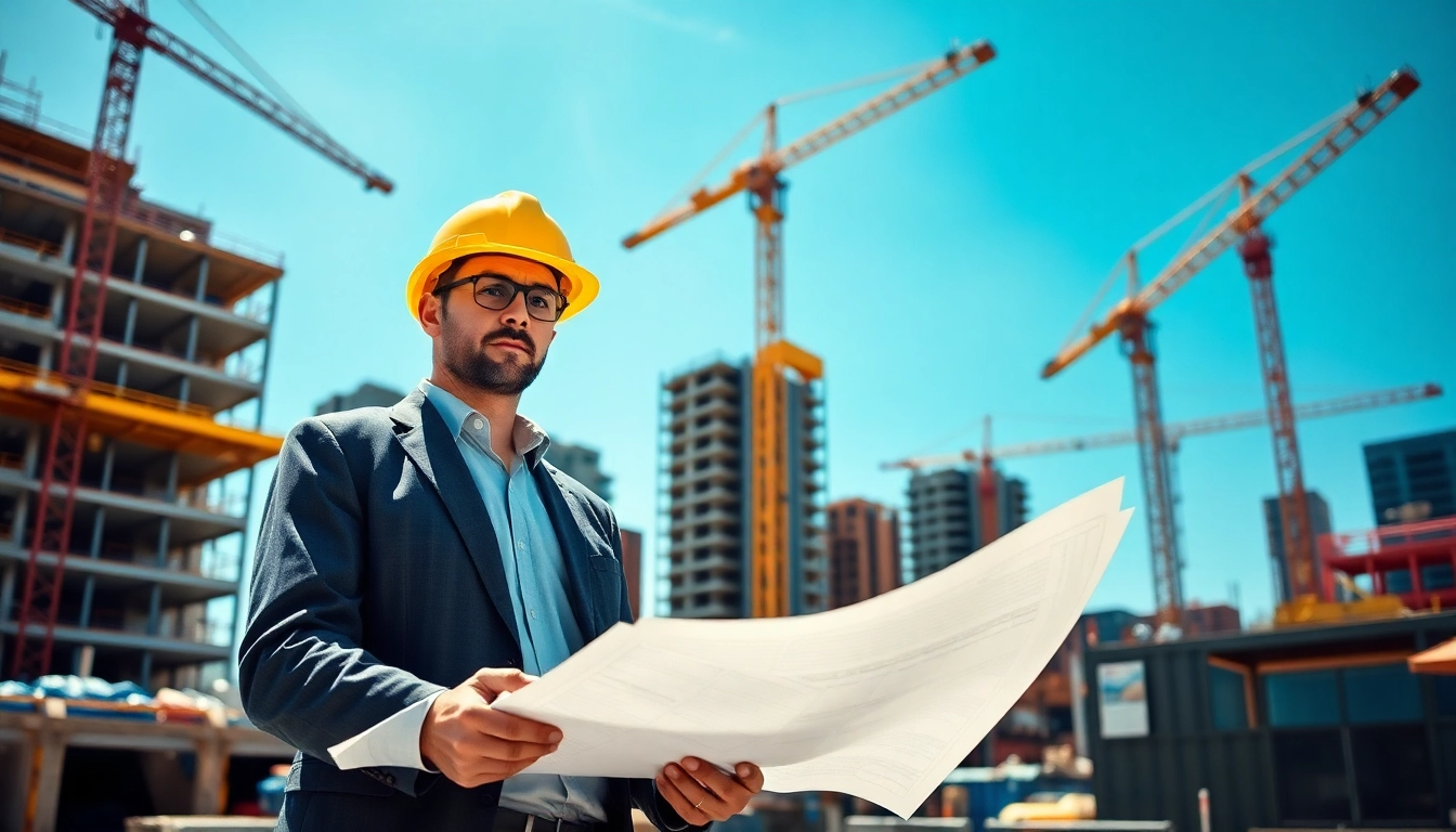 Manhattan Construction Manager reviewing plans on a busy construction site.