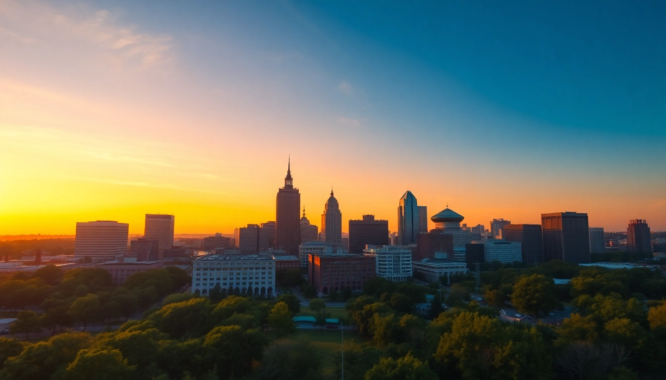 Showcasing the vibrant skyline of Lexington SC with iconic buildings and green parks during sunset.