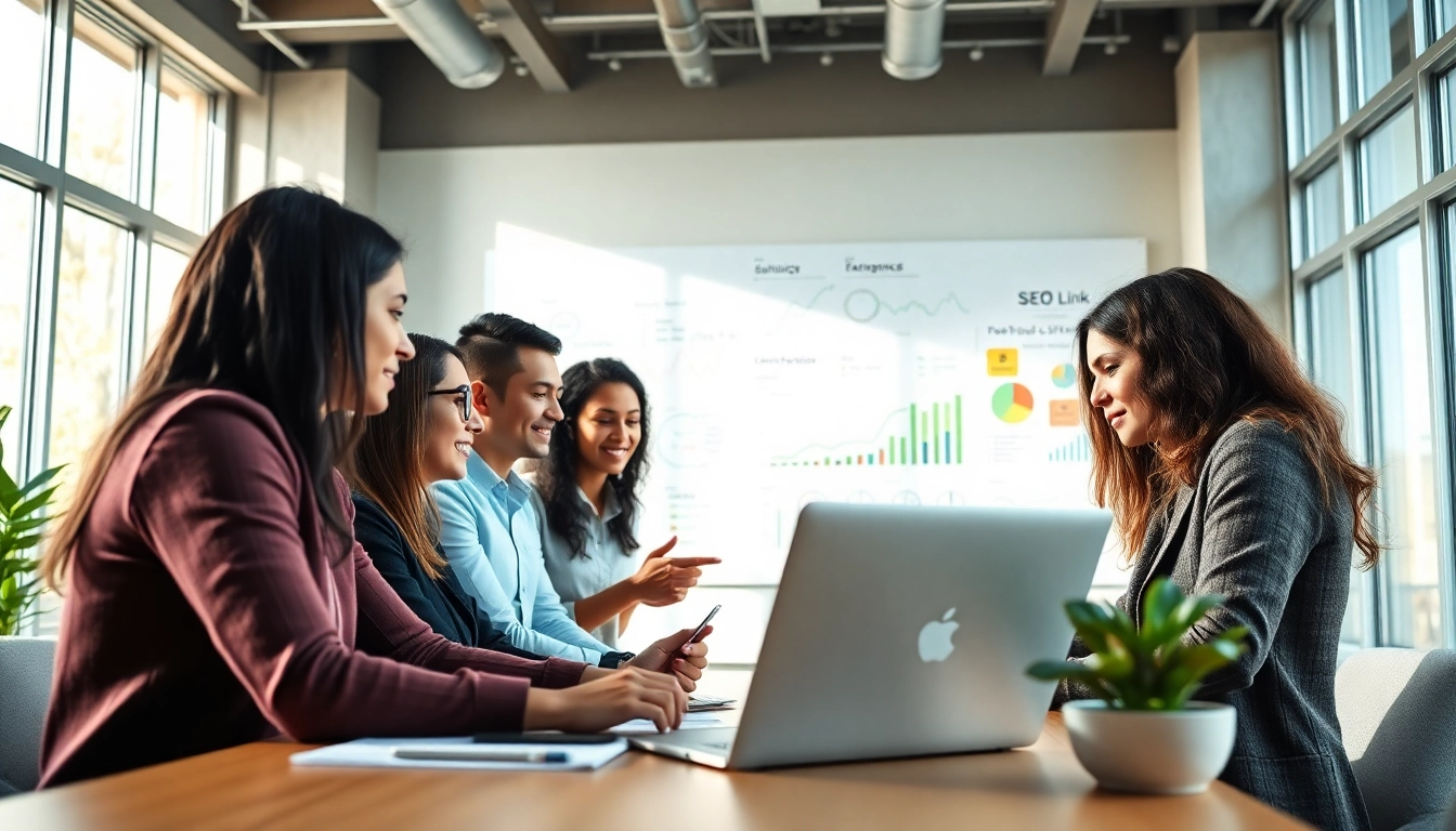 Dynamic team at a Link Building Agency strategizing SEO improvements in a modern office.