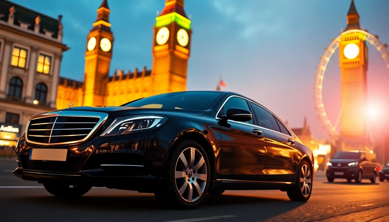 Experience luxury chauffeur hire london with a sleek black car in a vibrant London cityscape.
