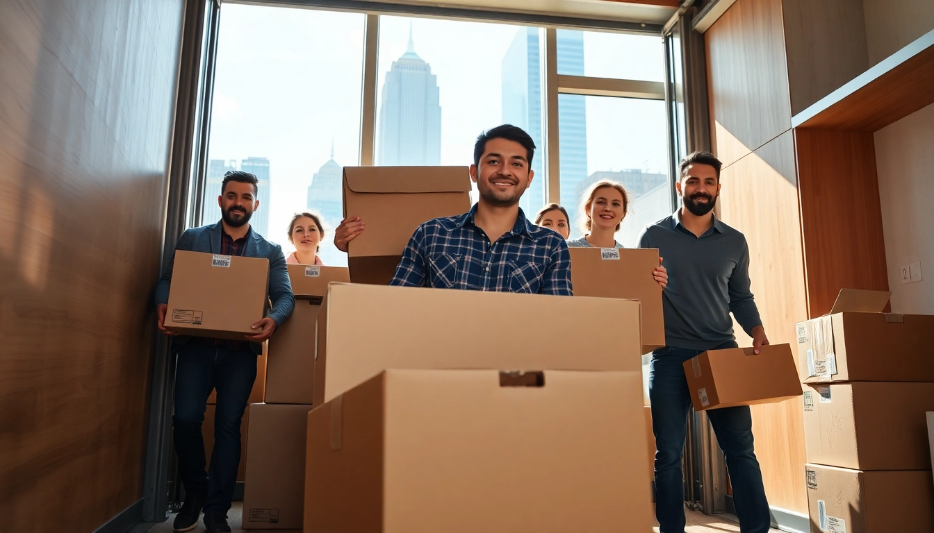 Cheap movers nyc team efficiently packing boxes in a bright urban apartment setting.