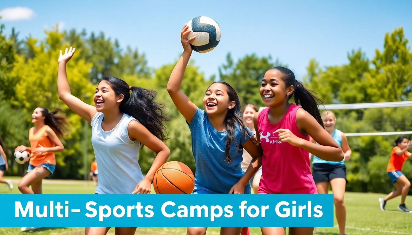 Girls practicing teamwork and skills at Multi Sports Camps for Girls in an outdoor environment.