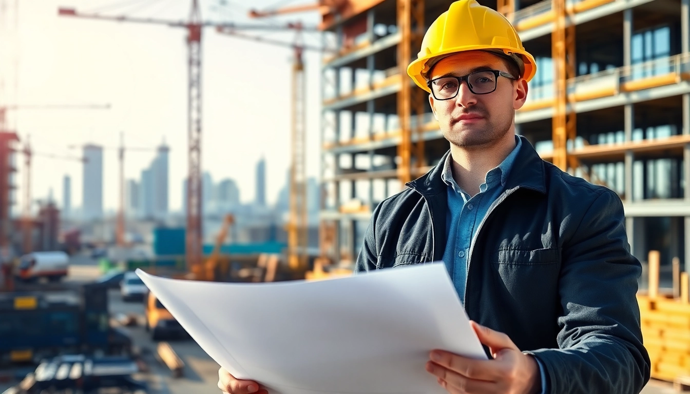 New Jersey Construction Manager evaluating a construction site with blueprints.